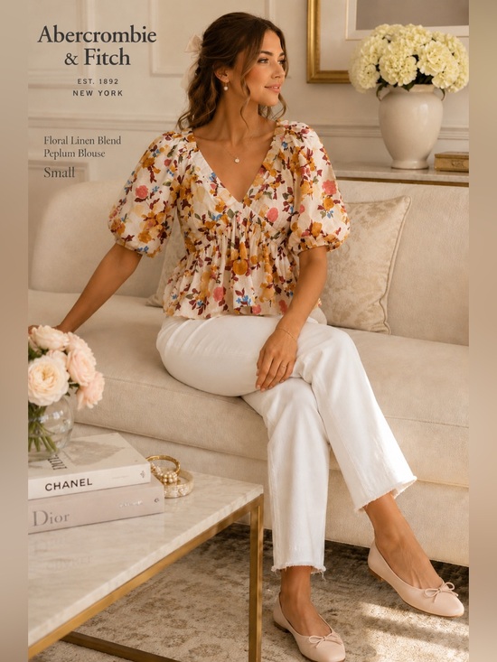 Abercrombie & Fitch Tops - Abercrombie & Fitch Floral Linen Blend Peplum Blouse S Puff Sleeve Cottagecore